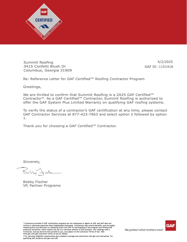 GAF Certified Contractor reference letter for Summit Roofing Professionals