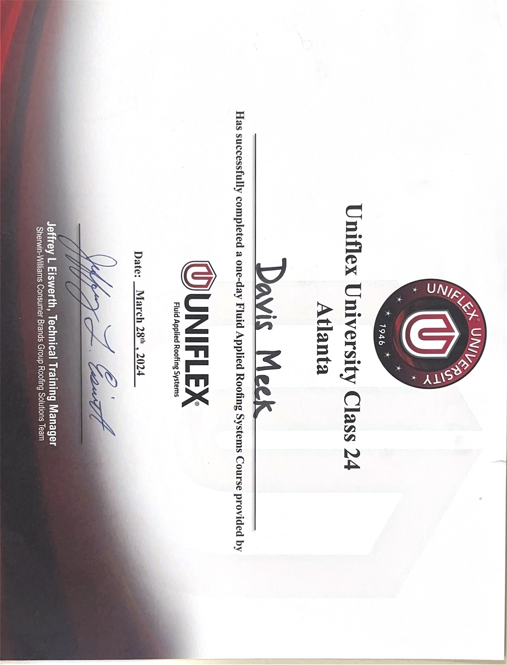 Uniflex University training certificate for Davis Meek of Summit Roofing Professionals