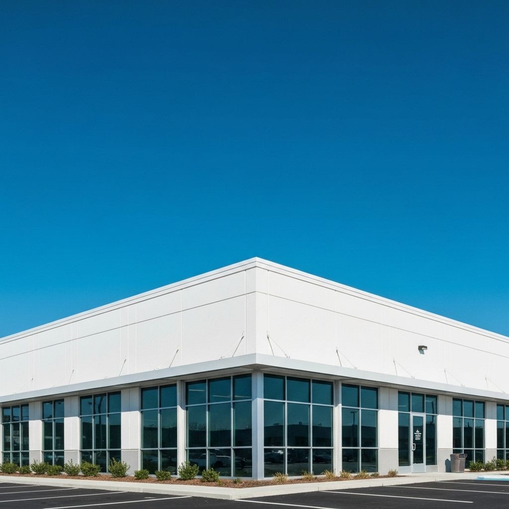 Clean white TPO single-ply membrane roof on modern commercial building
