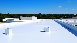 A pristine, reflective white TPO roof on a large industrial building under a clear blue sky.