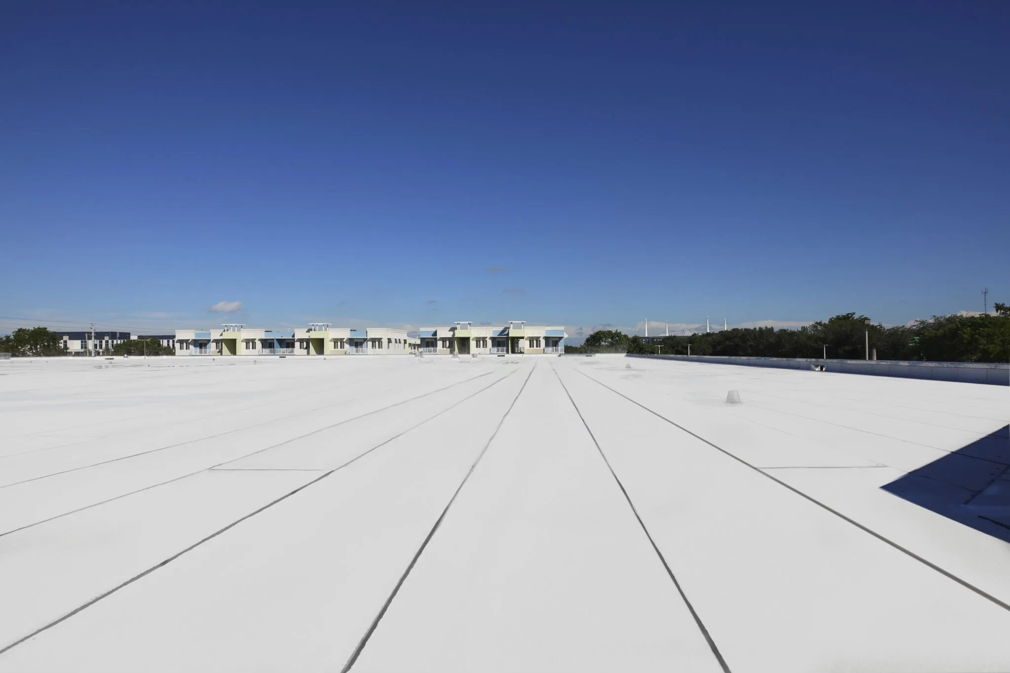White TPO single-ply commercial roof providing reflective, energy-efficient protection