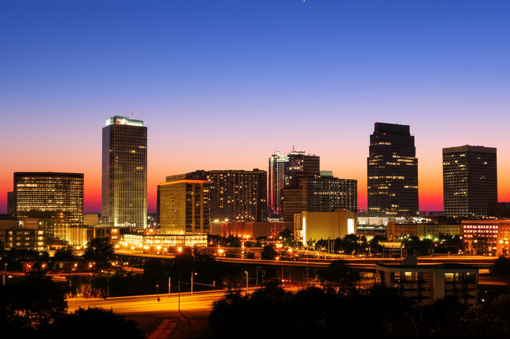 Huntsville, Alabama skyline with blue sky, representing trusted roofing services by Summit Roofing Professionals