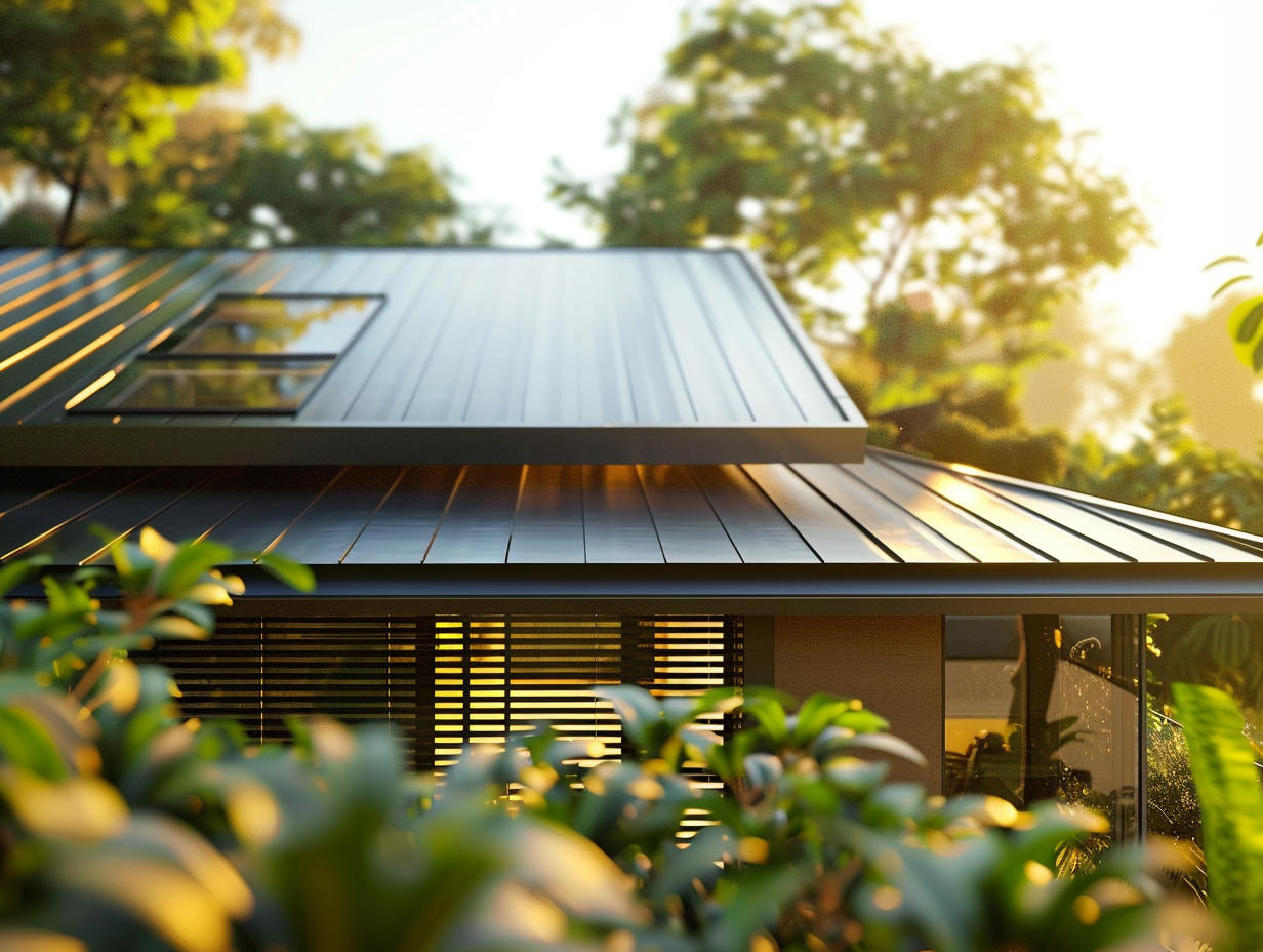 Modern home with a sleek standing seam metal roof and skylights