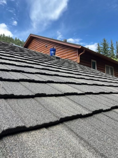 Textured stone-coated metal shingles on a rustic log home.