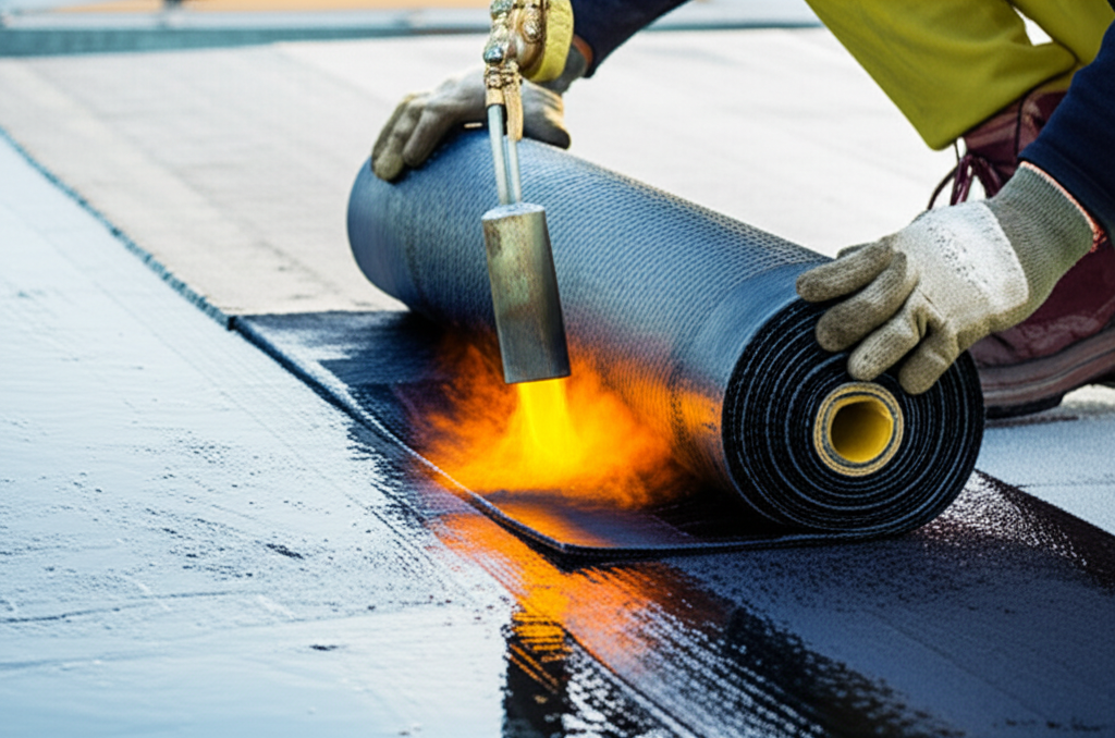 Roofer applying torched modified bitumen cap sheet during commercial roof installation