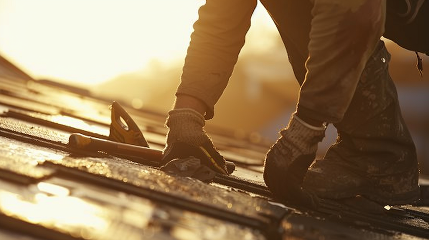 Roofer demonstrating craftsmanship on a roof at sunset, showcasing Summit Roofing's expertise in Alabama and Georgia.